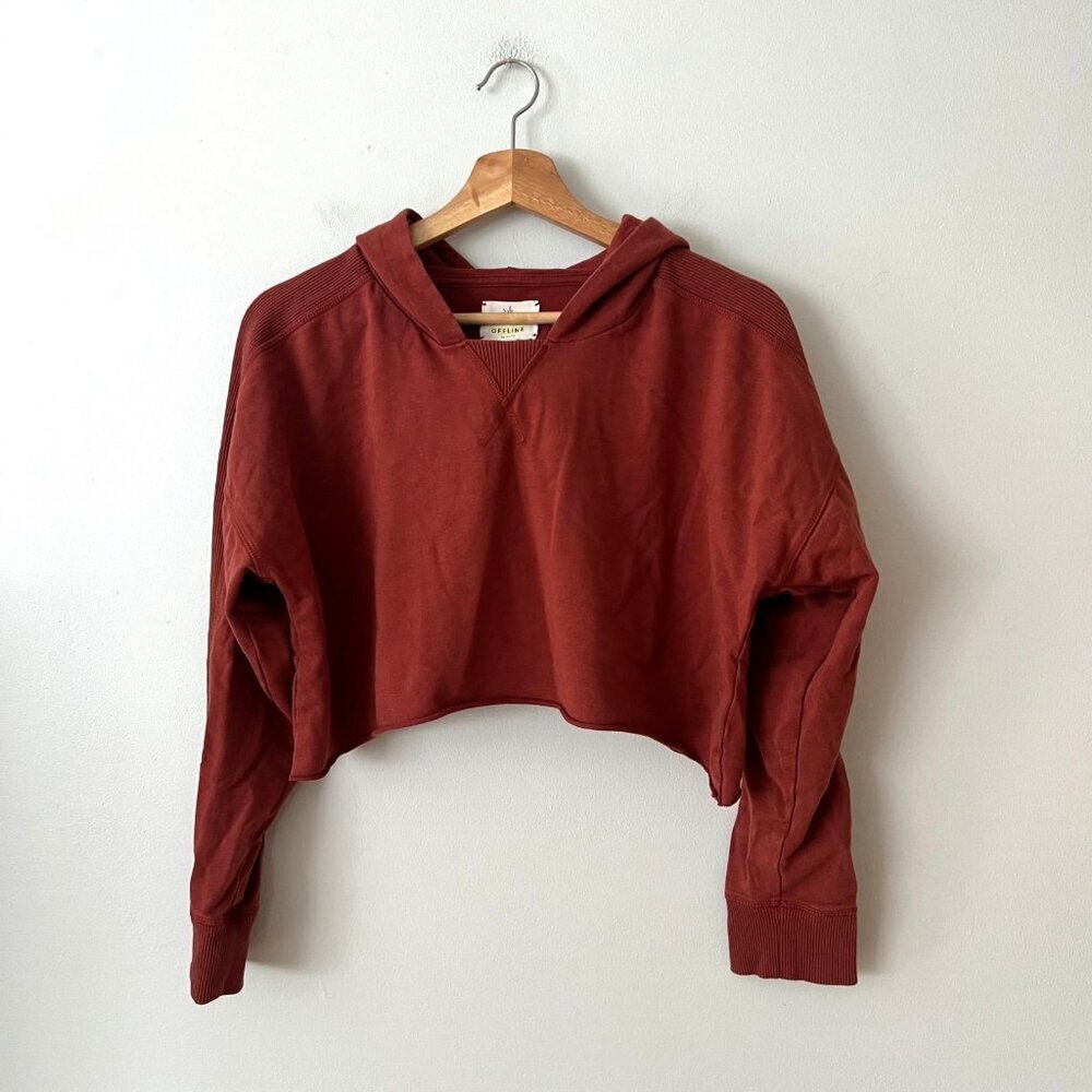 Offline by aerie Cropped Hooded Long Sleeve Shirt Rust Brown Women's Size Small